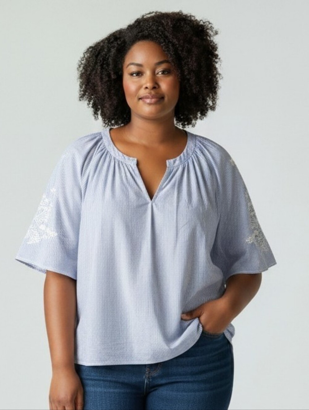 LANE BRYANT Blue and White Pinstripe Blouse With Beautiful Stitching On Sleeves!